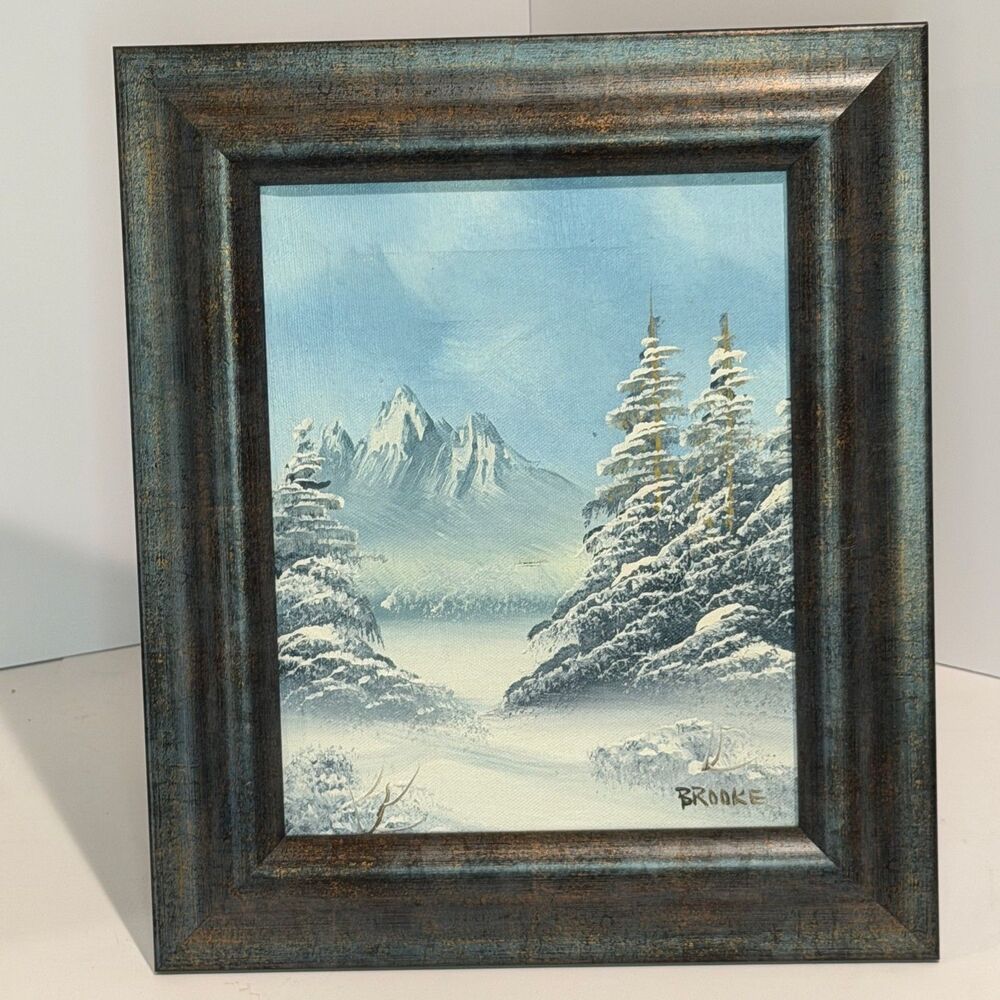 Original Oil on Canvas Snowy Mountain Landscape Signed Brooke Framed Winter Art